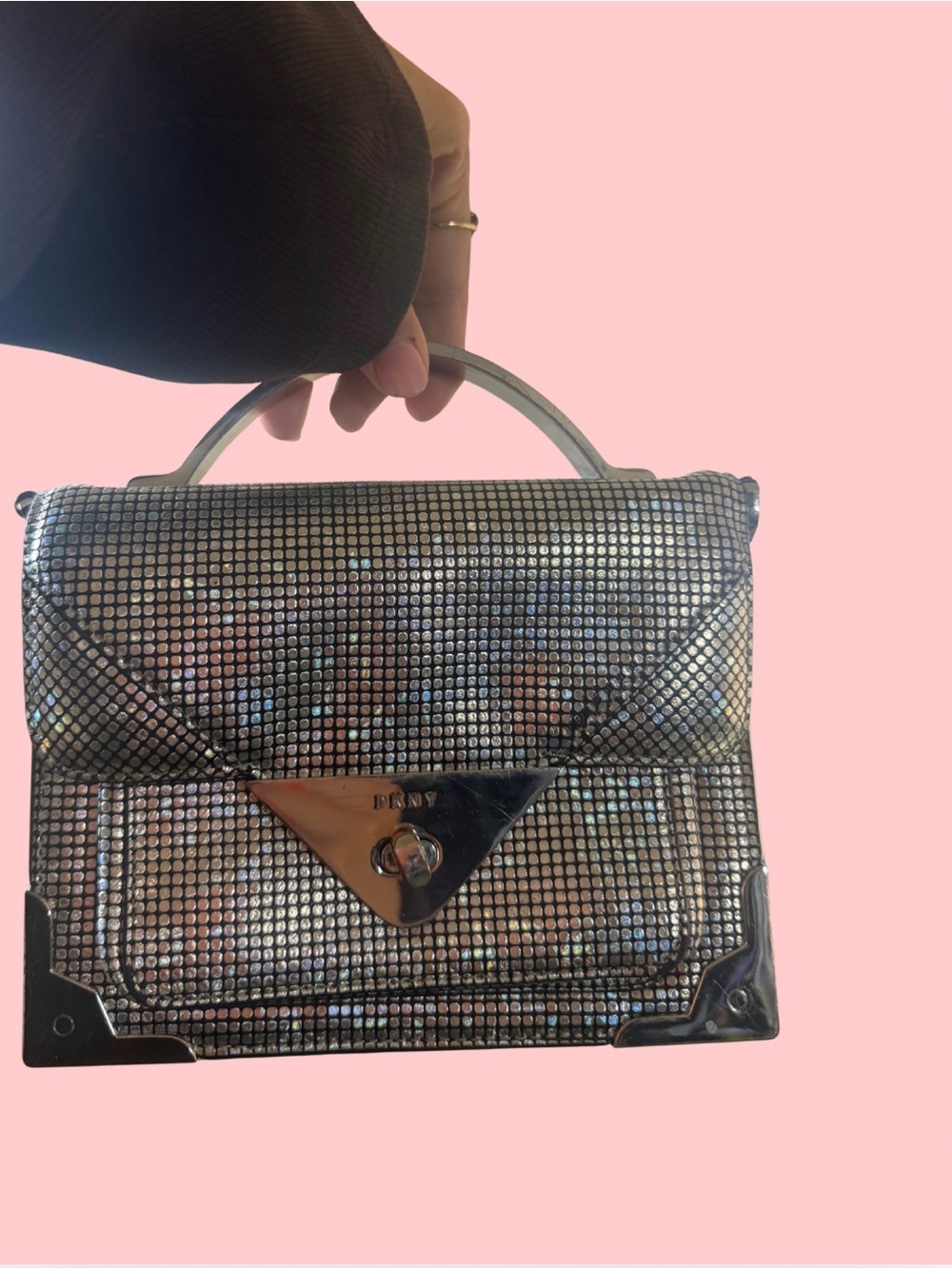 DKNY Silver Crystal Mesh Top-Handle Satchel